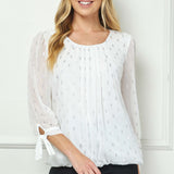 3/4 Tie Sleeve Pleat Neck Foil Bubble Blouse in Ivory/Silver