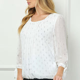 3/4 Tie Sleeve Pleat Neck Foil Bubble Blouse in Ivory/Silver