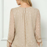 3/4 Tie Sleeve Pleat Neck Foil Bubble Blouse in Beige