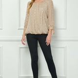 3/4 Tie Sleeve Pleat Neck Foil Bubble Blouse in Beige