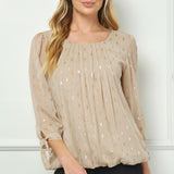3/4 Tie Sleeve Pleat Neck Foil Bubble Blouse in Beige