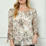 Bubble Hem 3/4 Tie Sleeve Blouse - Eggshell