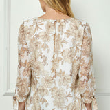 Bubble Hem 3/4 Tie Sleeve Blouse - Ivory/Tan