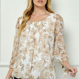 Bubble Hem 3/4 Tie Sleeve Blouse - Ivory/Tan