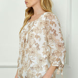 Bubble Hem 3/4 Tie Sleeve Blouse - Ivory/Tan