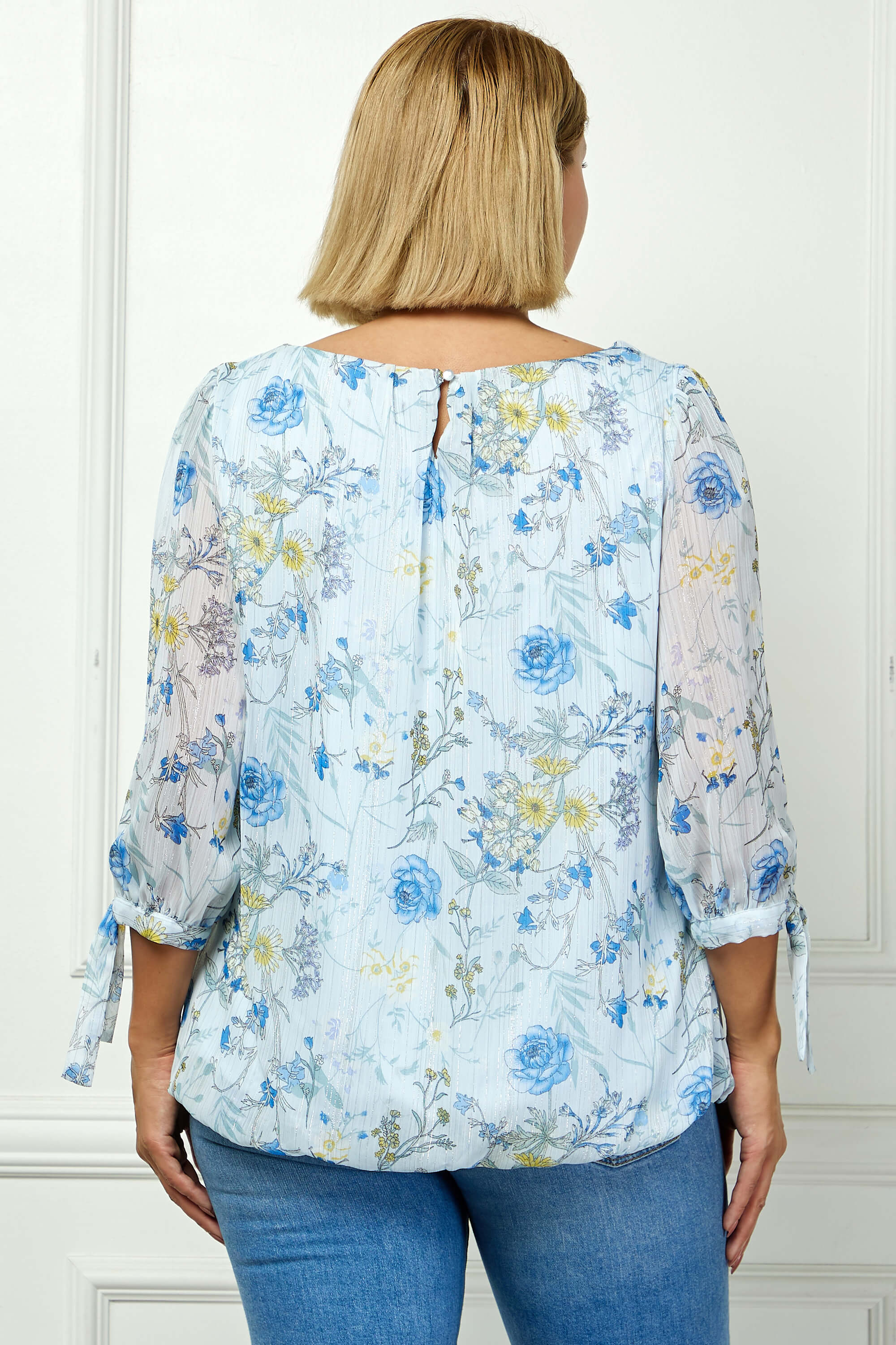 3/4 Tie Sleeve Pleat Neck Studded Bubble Blouse in Light Blue Floral - Dressbarn 3/4 Tie Sleeve Pleat Neck Studded Bubble Blouse in Light Blue Floral - Dressbarn