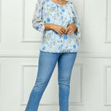 3/4 Tie Sleeve Pleat Neck Studded Bubble Blouse in Light Blue Floral - Plus