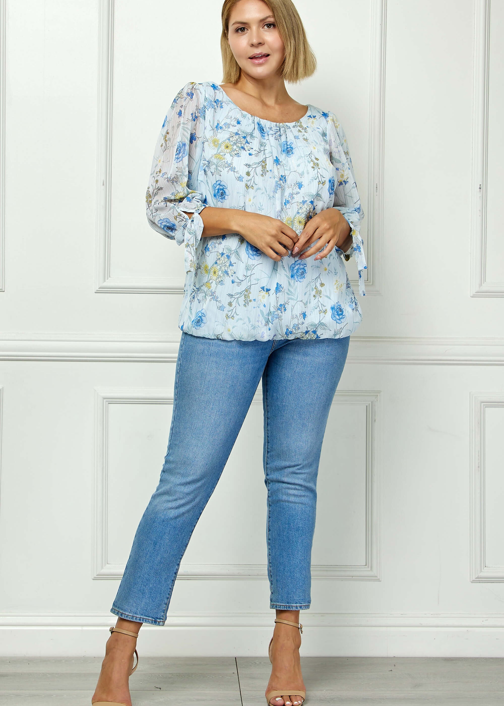 blue blouse dress with flowers cuffed sleeves 3/4 Tie Sleeve Pleat Neck Studded Bubble Blouse in Light Blue Floral