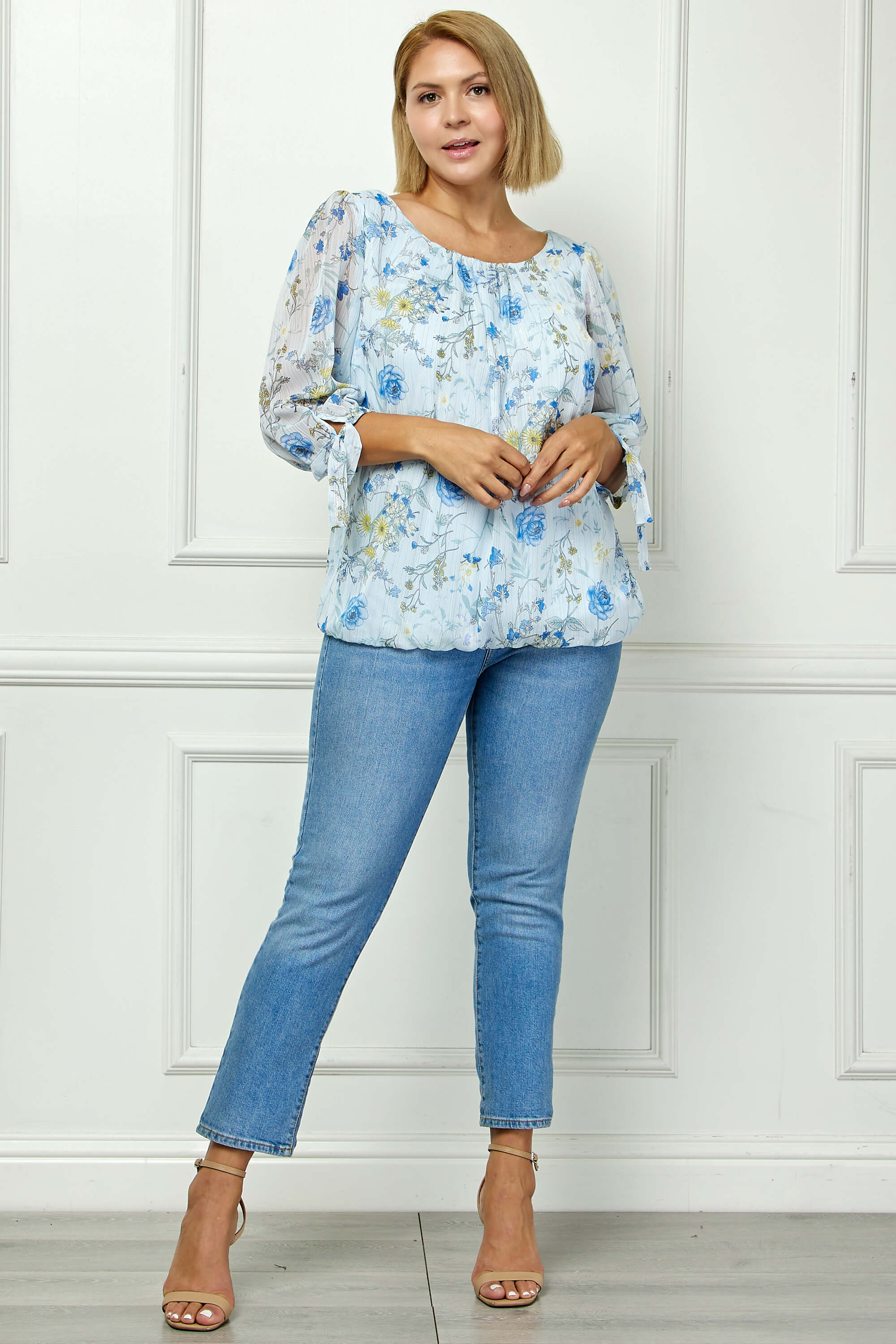 3/4 Tie Sleeve Pleat Neck Studded Bubble Blouse in Light Blue Floral - Dressbarn 3/4 Tie Sleeve Pleat Neck Studded Bubble Blouse in Light Blue Floral - Dressbarn