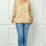 3/4 Tie Sleeve Pleat Neck Studded Bubble Blouse in Yellow Floral - Plus