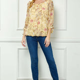 3/4 Tie Sleeve Pleat Neck Studded Bubble Blouse in Yellow Floral