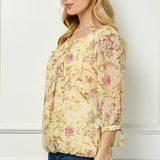 3/4 Tie Sleeve Pleat Neck Studded Bubble Blouse in Yellow Floral