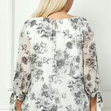 Bubble Hem 3/4 Tie Sleeve Blouse - Black/White - Plus