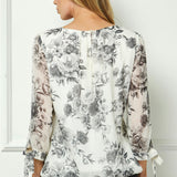 Bubble Hem 3/4 Tie Sleeve Blouse - Black/White