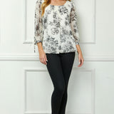 Bubble Hem 3/4 Tie Sleeve Blouse - Black/White