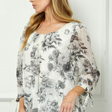 Bubble Hem 3/4 Tie Sleeve Blouse - Black/White