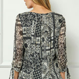 3/4 Tie Sleeve Pleat Neck Bubble Blouse in Black