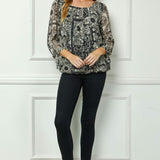 3/4 Tie Sleeve Pleat Neck Bubble Blouse in Black