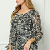 3/4 Tie Sleeve Pleat Neck Bubble Blouse in Black