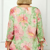 3/4 Tie Sleeve Pleat Neck Floral Foil Bubble Blouse in Sage/Pink Watercolor - Plus