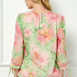 3/4 Tie Sleeve Pleat Neck Floral Foil Bubble Blouse in Sage/Pink Watercolor