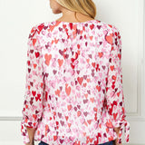3/4 Tie Sleeve Pleat Neck Bubble Blouse in Red Multi