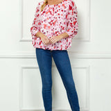 3/4 Tie Sleeve Pleat Neck Bubble Blouse in Red Multi