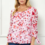 3/4 Tie Sleeve Pleat Neck Bubble Blouse in Red Multi