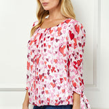 3/4 Tie Sleeve Pleat Neck Bubble Blouse in Red Multi