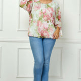 3/4 Tie Sleeve Pleat Neck Studded Bubble Blouse in Sage Watercolor - Plus