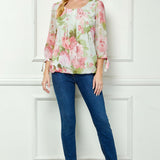 3/4 Tie Sleeve Pleat Neck Studded Bubble Blouse in Sage Watercolor