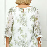 3/4 Tie Sleeve Pleat Neck Studded Bubble Blouse in Ivory/Sage Sketch - Plus