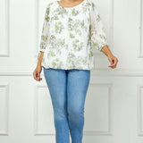 3/4 Tie Sleeve Pleat Neck Studded Bubble Blouse in Ivory/Sage Sketch - Plus