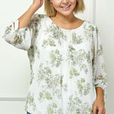 3/4 Tie Sleeve Pleat Neck Studded Bubble Blouse in Ivory/Sage Sketch - Plus