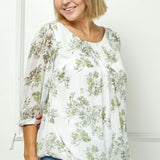 3/4 Tie Sleeve Pleat Neck Studded Bubble Blouse in Ivory/Sage Sketch - Plus