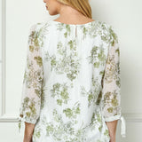 3/4 Tie Sleeve Pleat Neck Studded Bubble Blouse in Ivory/Sage Sketch