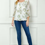 3/4 Tie Sleeve Pleat Neck Studded Bubble Blouse in Ivory/Sage Sketch