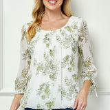 3/4 Tie Sleeve Pleat Neck Studded Bubble Blouse in Ivory/Sage Sketch