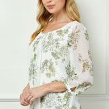 3/4 Tie Sleeve Pleat Neck Studded Bubble Blouse in Ivory/Sage Sketch