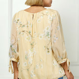 3/4 Tie Sleeve Pleat Neck Bubble Blouse in Yellow - Plus