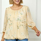 3/4 Tie Sleeve Pleat Neck Bubble Blouse in Yellow - Plus