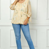 3/4 Tie Sleeve Pleat Neck Bubble Blouse in Yellow - Plus