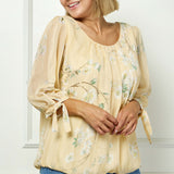 3/4 Tie Sleeve Pleat Neck Bubble Blouse in Yellow - Plus