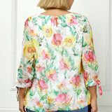3/4 Tie Sleeve Pleat Neck Floral Foil Bubble Blouse in White/Pink/Green Multi - Plus