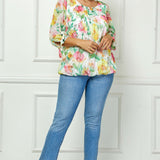 3/4 Tie Sleeve Pleat Neck Floral Foil Bubble Blouse in White/Pink/Green Multi - Plus