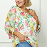 3/4 Tie Sleeve Pleat Neck Floral Foil Bubble Blouse in White/Pink/Green Multi - Plus