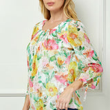 3/4 Tie Sleeve Pleat Neck Floral Foil Bubble Blouse in White/Pink/Green Multi