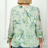 3/4 Tie Sleeve Pleat Neck Floral Foil Bubble Blouse in Sage/Cream Watercolor - Plus