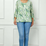 3/4 Tie Sleeve Pleat Neck Floral Foil Bubble Blouse in Sage/Cream Watercolor - Plus