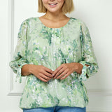 3/4 Tie Sleeve Pleat Neck Floral Foil Bubble Blouse in Sage/Cream Watercolor - Plus
